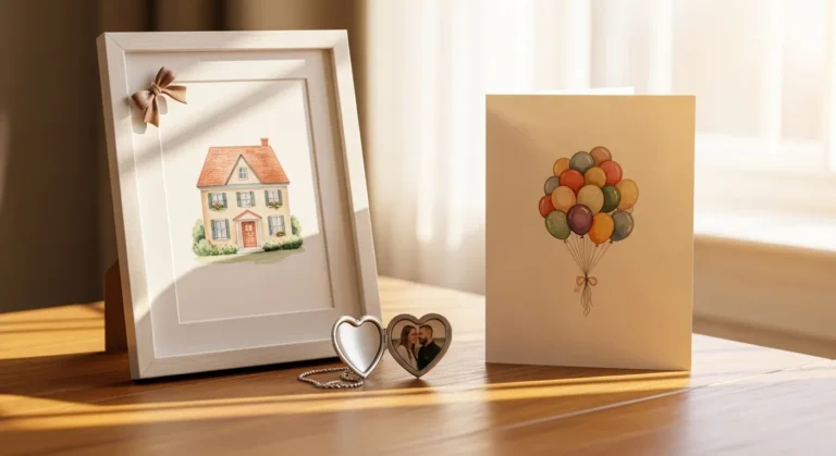 22 Elegant 30th Birthday Gift Ideas For Women For A Milestone Moment A cozy tabletop scene featuring a framed watercolor house illustration, a heart-shaped photo locket, and a birthday card with colorful balloons, illuminated by soft sunlight.