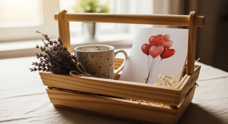 22 Fun Birthday Gift Basket Ideas That Feel Extra Special A wooden gift basket holds a speckled mug, dried lavender, and a card with heart-shaped balloons, set against a softly lit window.