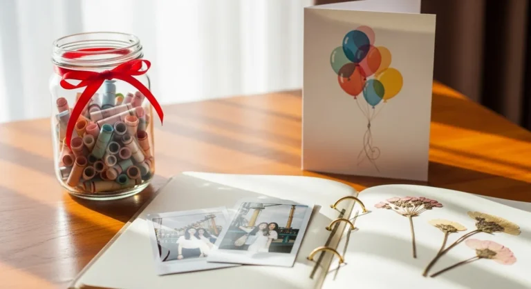 A sunlit table displays a jar of colorful rolled papers tied with a red ribbon, a greeting card with balloon illustrations, and a scrapbook with dried flowers.