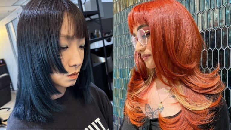 A side-by-side comparison features a sleek black hime cut with sharp, cheek-length blunt side-locks on the left and a voluminous bright red layered hairstyle with flipped ends and blonde highlights on the right.