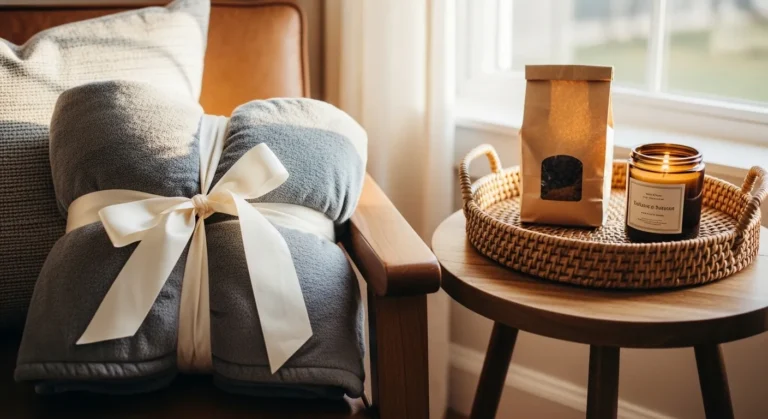 22 Smart Cheap Gift Ideas For Boyfriend That Feel Luxe A cozy scene featuring a gray blanket tied with a cream ribbon on a leather chair, alongside a woven tray with a candle and a coffee bag, illuminated by natural light.