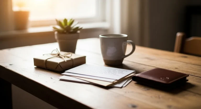 22 Thoughtful Birthday Gifts For Boyfriend That Show Genuine Love A cozy wooden table features a wrapped gift, handwritten notes, a coffee mug, and a small potted plant, illuminated by soft, warm sunlight.
