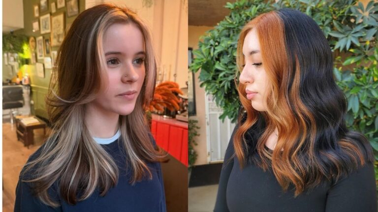 Gemini said Two women demonstrate "money piece" hair highlights, featuring a blonde-streaked brunette style with face-framing layers on the left and a bold copper-to-black contrast with wavy texture on the right.