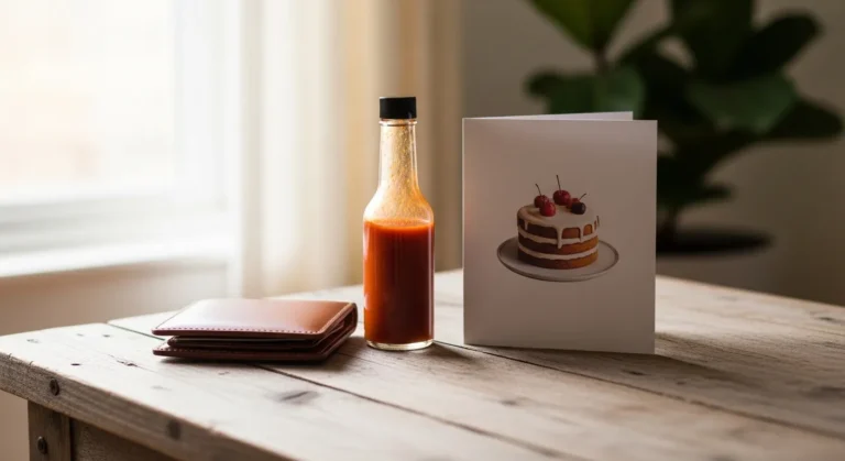 A rustic wooden table displays a bottle of sauce, a brown wallet, and a greeting card featuring an illustration of a cake with cherries, bathed in soft natural light.
