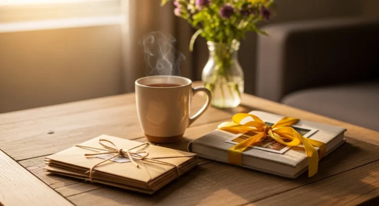 23 Timeless 50th Birthday Gift Ideas For Women She Will Treasure A cozy scene featuring a steaming cup of tea, wrapped gifts with yellow ribbons, and a vase of flowers on a wooden table, illuminated by soft sunlight.