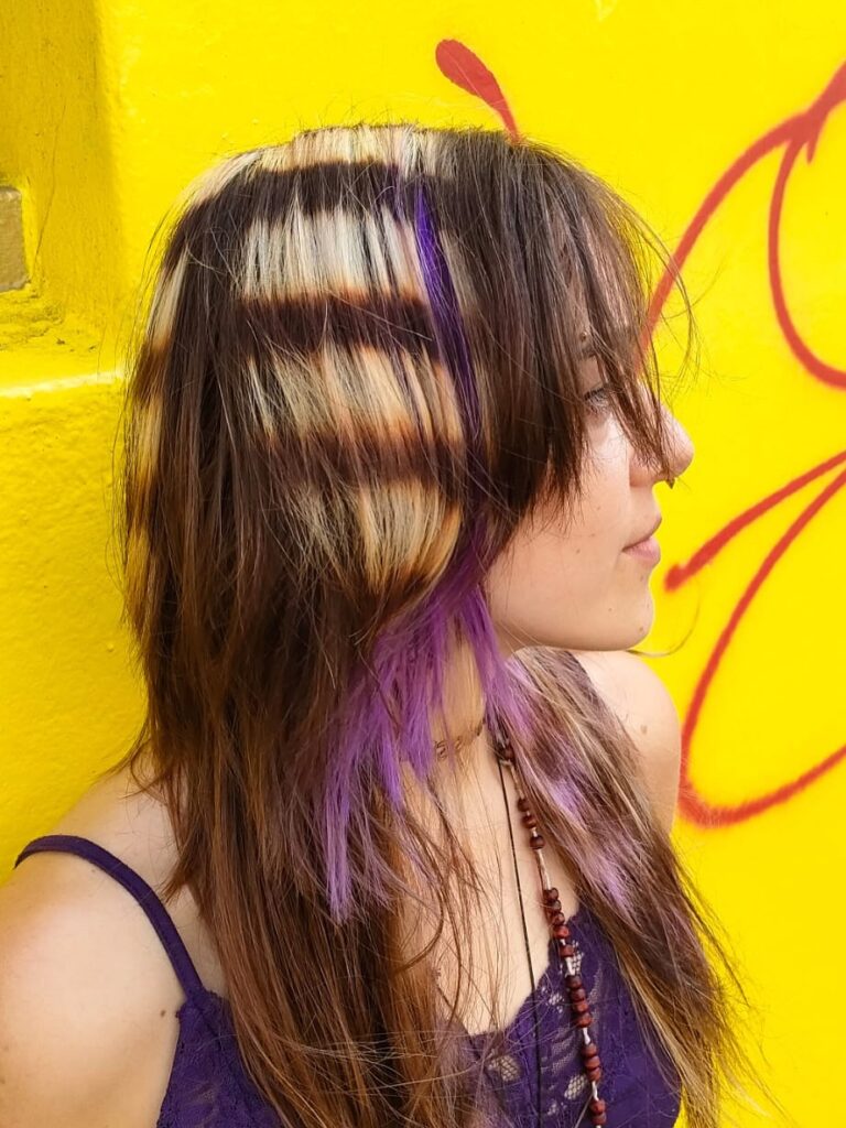 A woman with long brown hair featuring purple layers and blonde and brown raccoon tail stripes on the side.