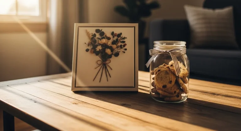 24 Adorable DIY Gifts For Boyfriend That Feel Totally Authentic A cozy living room scene featuring a framed floral illustration and a jar of chocolate chip cookies, set on a wooden table with warm lighting.