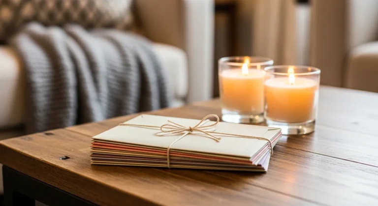 24 Budget Birthday Gift Ideas For Boyfriend That Still Feel Premium A stack of colorful envelopes tied with twine rests on a wooden table, accompanied by two lit candles, creating a cozy, inviting atmosphere.