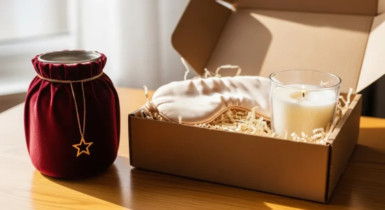 A cozy gift box featuring a plush burgundy pouch, a soft sleep mask, and a white candle, all nestled in crinkled paper, set on a wooden surface.