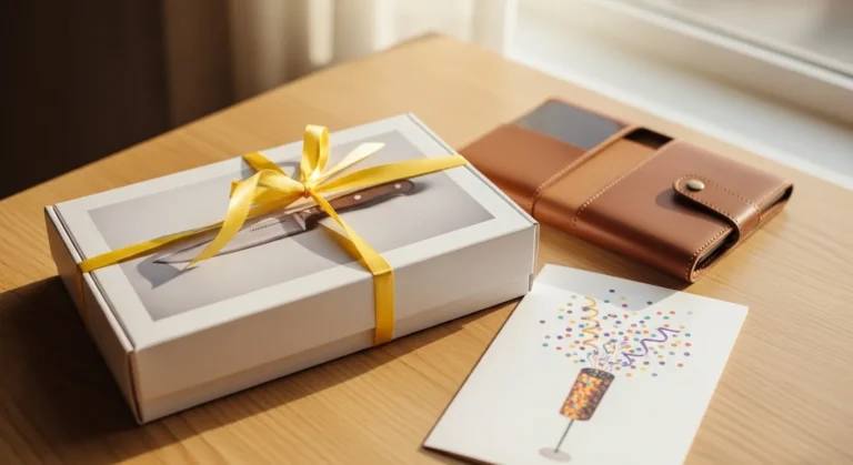 24 Memorable 25th Birthday Gift Ideas For Boyfriend For A Milestone Year A neatly wrapped gift box with a yellow ribbon sits on a wooden table, alongside a brown wallet and a colorful birthday card featuring confetti.