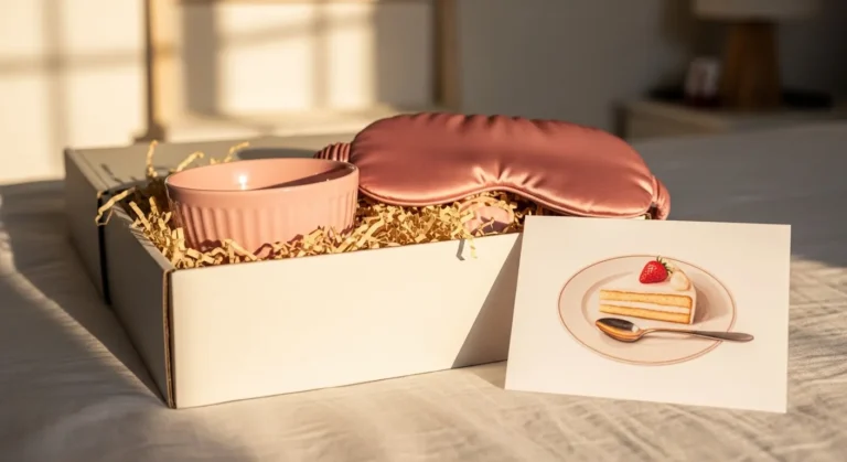 25 Dreamy Pink Birthday Gift Ideas For Women With A Soft Feminine Touch A soft pink sleep mask and bowl are nestled in a white gift box filled with crinkled paper, accompanied by a card featuring a slice of cake.