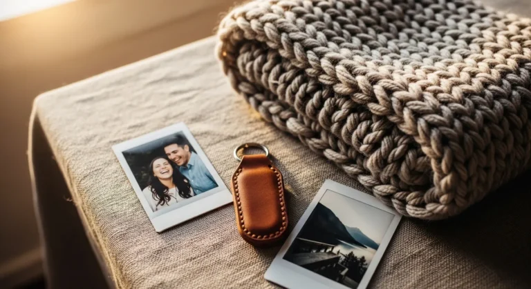25 Handmade Birthday Gift Ideas For Boyfriend With A Heartfelt Twist A cozy, hand-knit beige blanket rests on a textured surface, accompanied by two polaroid photos and a brown leather keychain, evoking warmth and nostalgia.