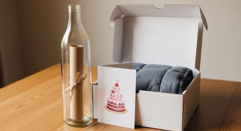 25 Super Sweet Birthday Gifts For Boyfriend That Brighten His Day A glass bottle with a rolled parchment inside sits beside a white gift box containing a soft gray blanket and a colorful birthday card featuring a cake illustration.