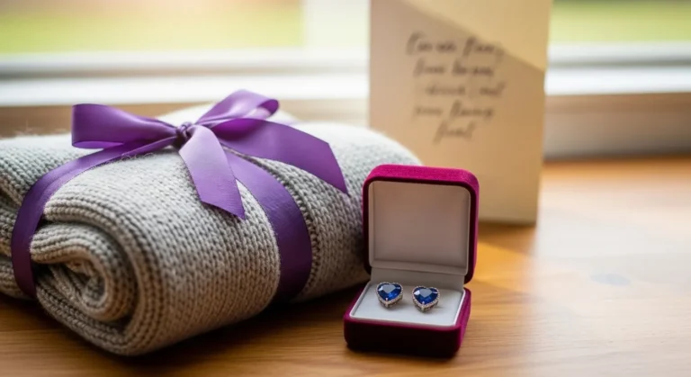A cozy gray blanket tied with a purple ribbon sits beside a velvet ring box containing heart-shaped earrings, with a handwritten card in the background.