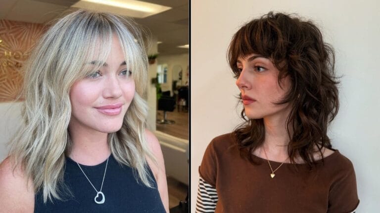 Two different layered hairstyles for women displayed side by side in a 16 by 9 layout.