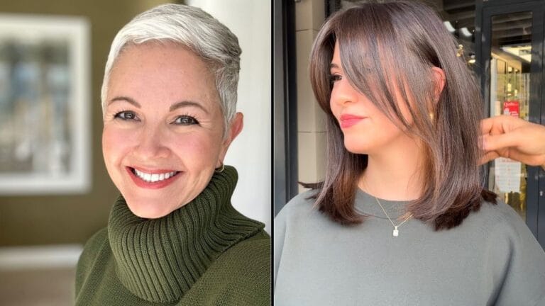 Face Shape And Haircuts Explained: How To Find A Haircut That Flatters You Two different layered hairstyles for women displayed side by side in a 16 by 9 layout.