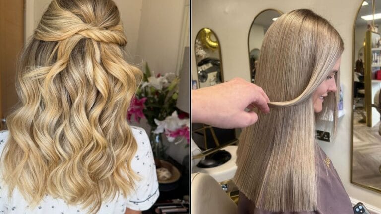Comparison of two hairstyles showing wavy blonde hair styled in a half-up twist on the left and sleek straight shoulder-length blonde hair with blunt ends and soft face-framing layers on the right.