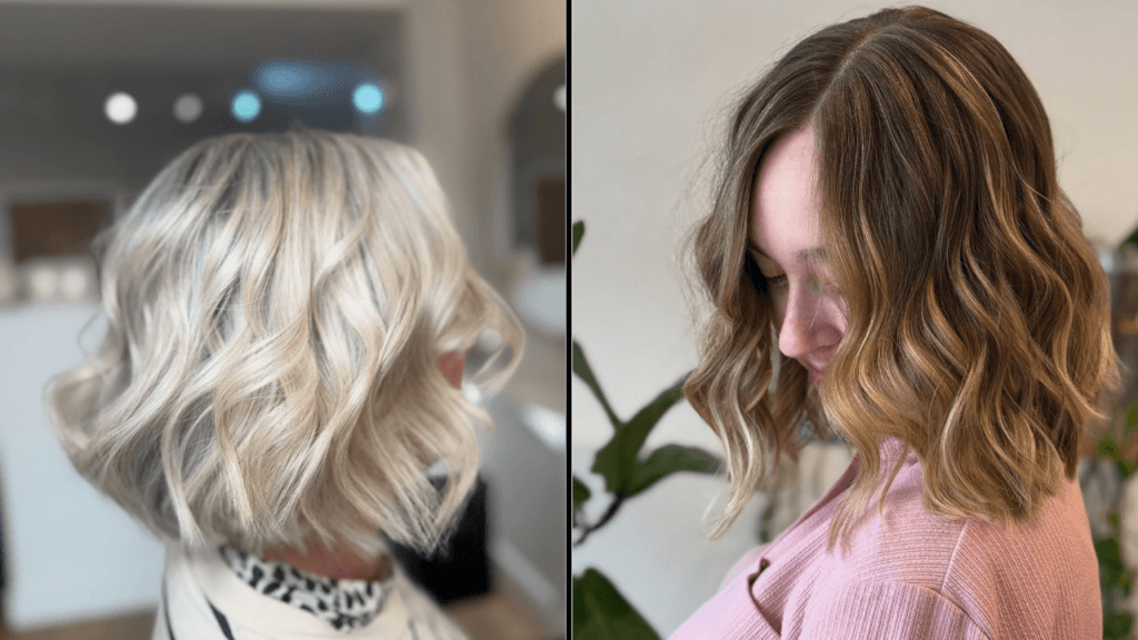 Two different layered hairstyles for women displayed side by side in a 16 by 9 layout.