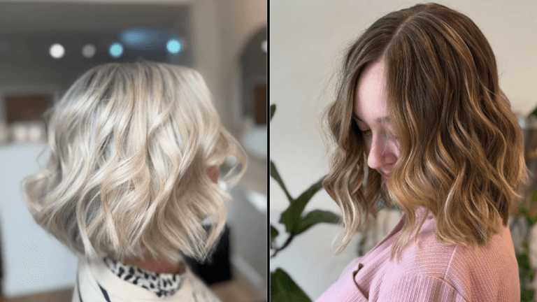 Two different layered hairstyles for women displayed side by side in a 16 by 9 layout.
