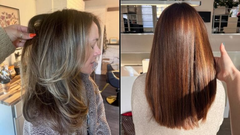 Long, smooth brunette hair with subtle caramel highlights and softly blended layers that add movement and natural-looking dimension.