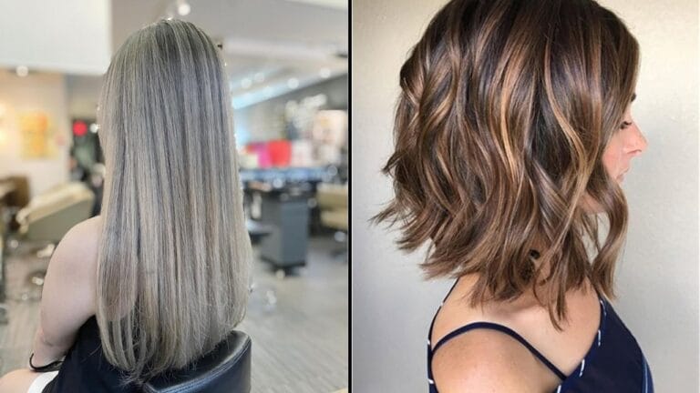 Side-by-side view of two hairstyles: long straight ash blonde hair with cool-toned highlights and a shoulder-length wavy brown bob with warm caramel balayage.