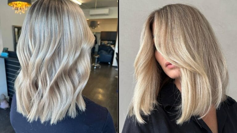 Two different layered hairstyles for women displayed side by side in a 16 by 9 layout.