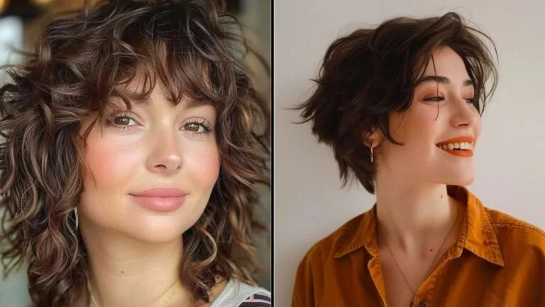 Two short hairstyle ideas: a voluminous curly shag with soft bangs and a tousled layered pixie with textured movement and side-swept pieces.