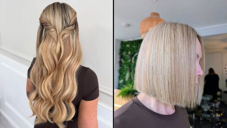 Side-by-side view of two hairstyles: long blonde wavy hair styled in a twisted half-up look on the left and a sleek shoulder-length blunt blonde bob on the right.