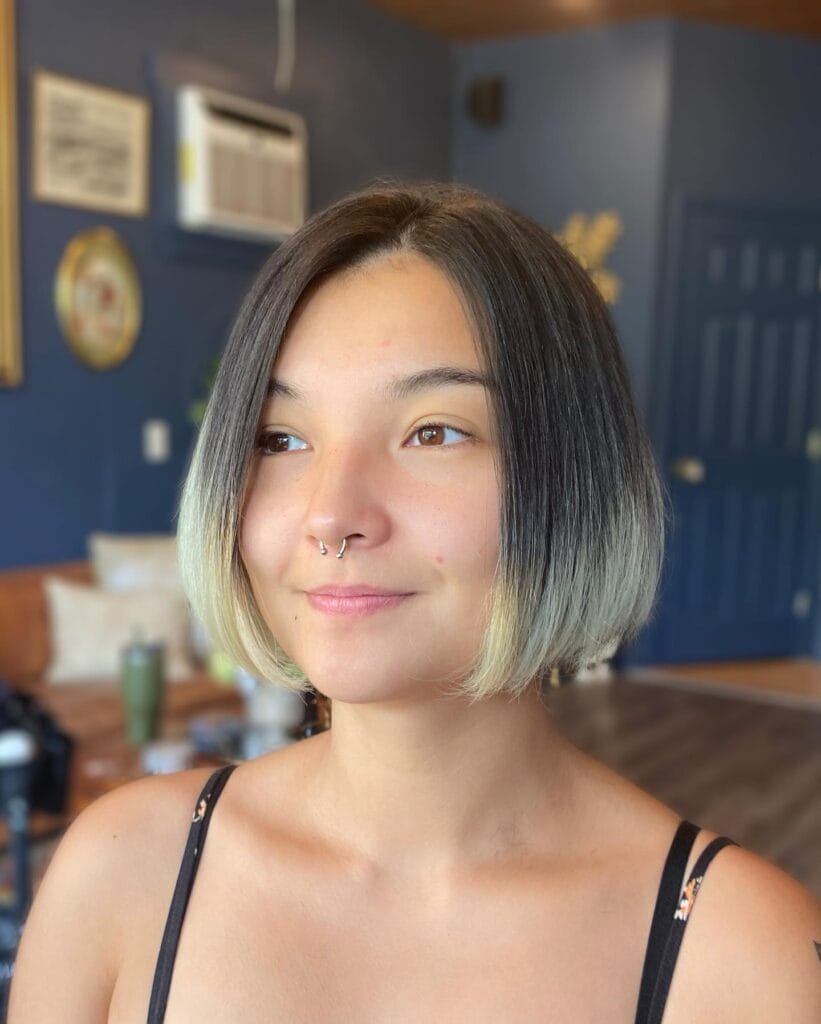 Chin-length blunt bob with a center part, straight sleek texture, and a soft ombré blend from dark brown roots to light blonde ends.