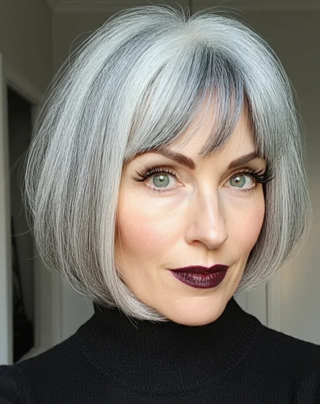 Chin-length sleek silver bob with softly rounded ends and light wispy bangs framing the face.