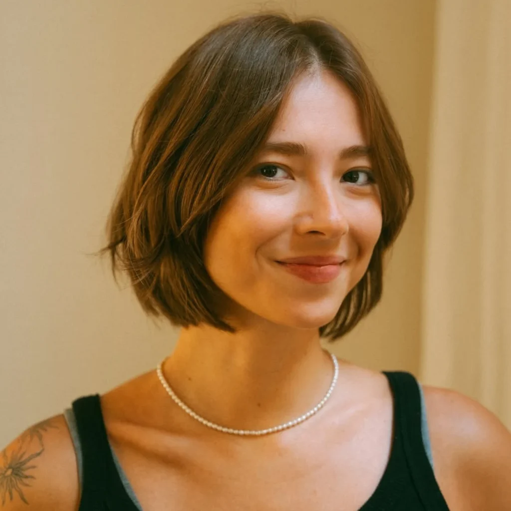 Chin-length textured bob with soft layers and a subtle side part, styled smooth with natural movement and lightly tucked behind one ear.