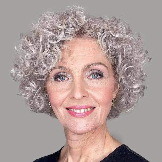 Neck-length curly haircut with voluminous, defined silver coils framing the face for a soft, airy shape.