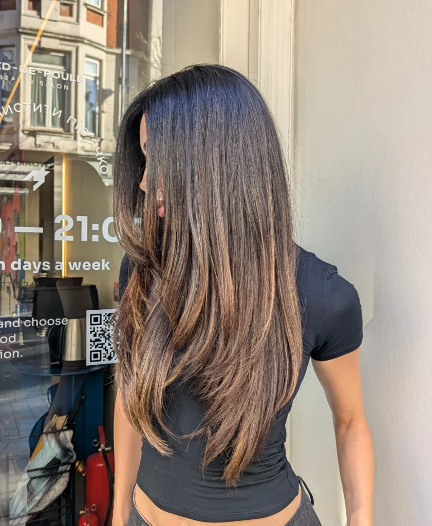 Long, smooth brunette hair with subtle caramel highlights, softly layered through the lengths and finished with blended face-framing pieces for a sleek, polished look.