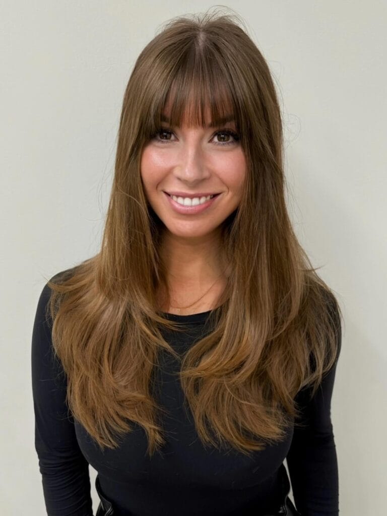 Long chestnut brown hair with soft layered ends, subtle face-framing shaping, and full straight-across bangs for a smooth, voluminous look.