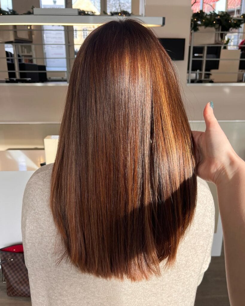 Long, sleek straight hair in a rich auburn brown shade with a glossy finish and softly tapered ends for a smooth, polished look.
