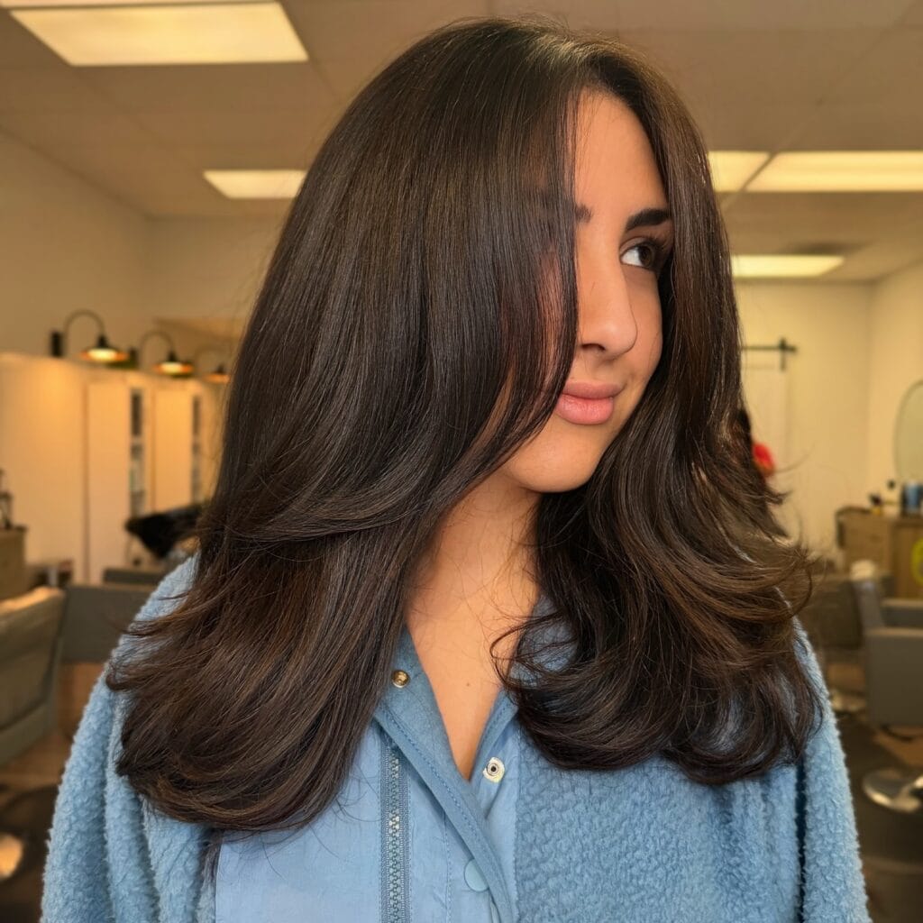 Shoulder-length dark brown hair with soft layers and long face-framing pieces, styled with a smooth blowout and subtle volume at the ends.