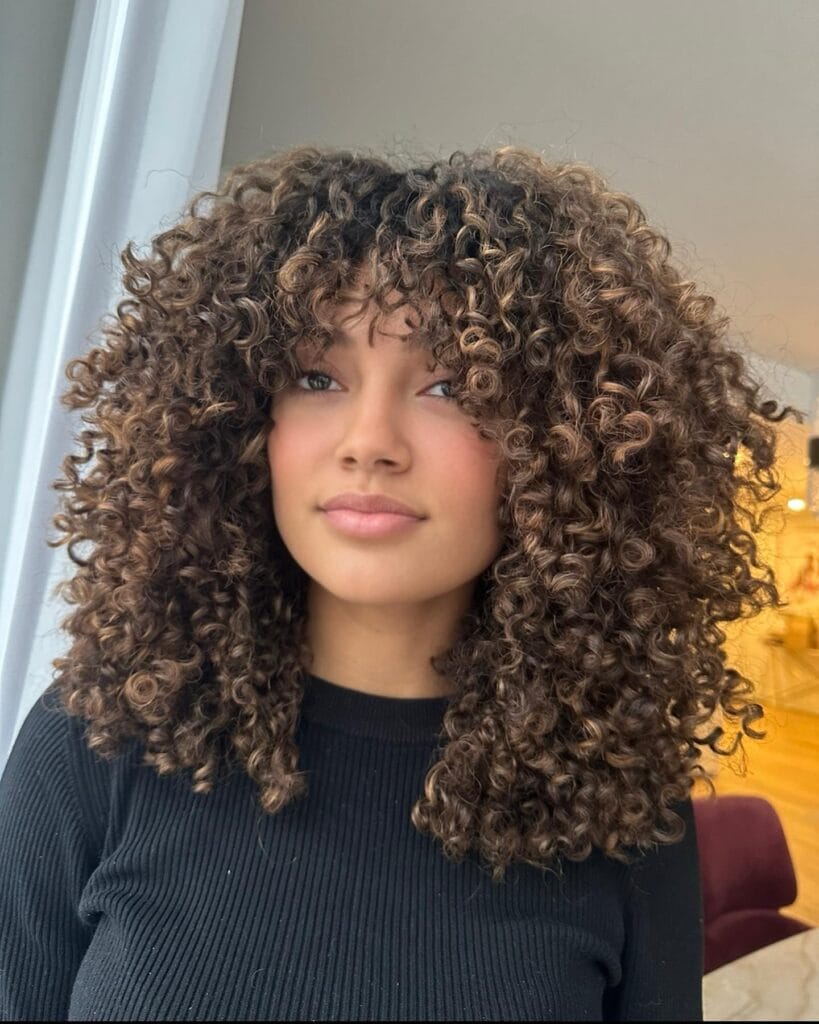 Medium-length voluminous curly hair with tight defined ringlets and warm caramel balayage highlights that add dimension to the rich brunette base.
