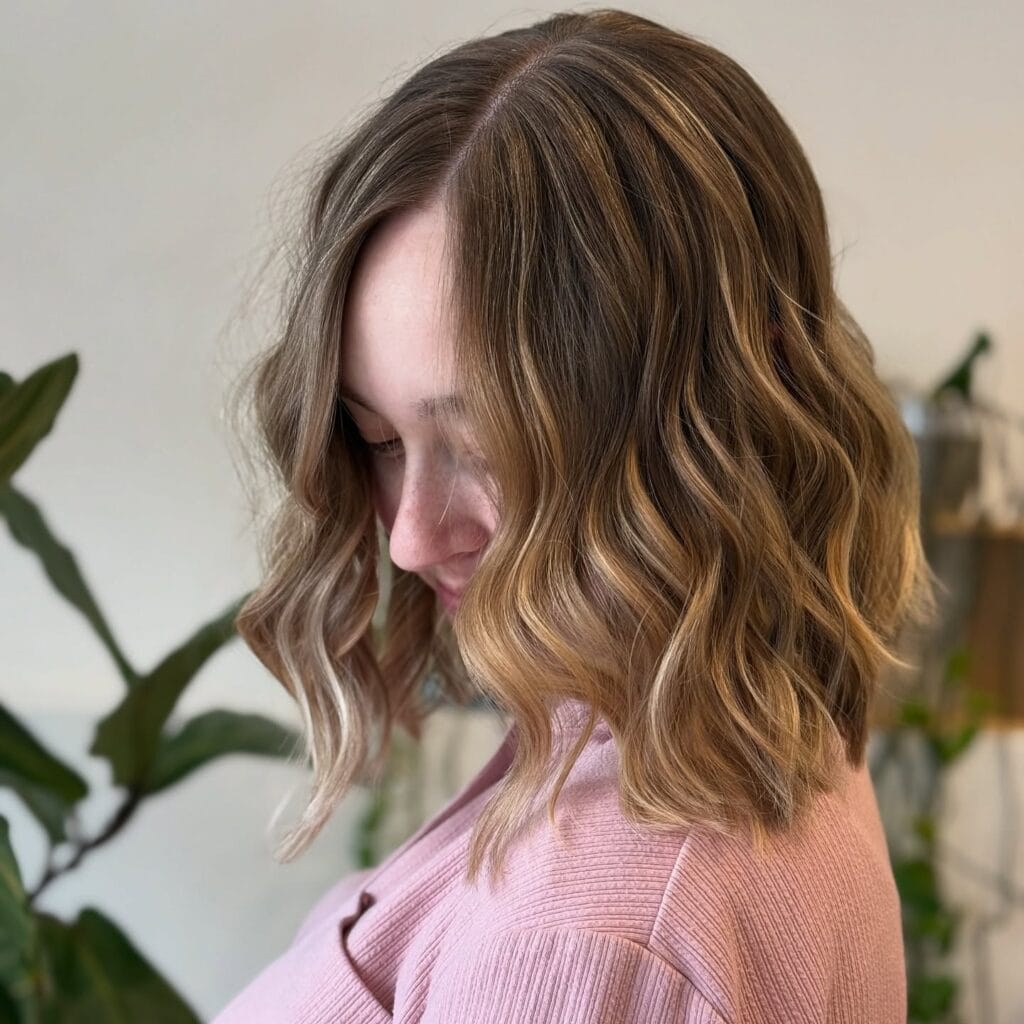 Shoulder-length wavy lob with a center part, featuring soft natural waves and warm brunette-to-blonde balayage highlights.
