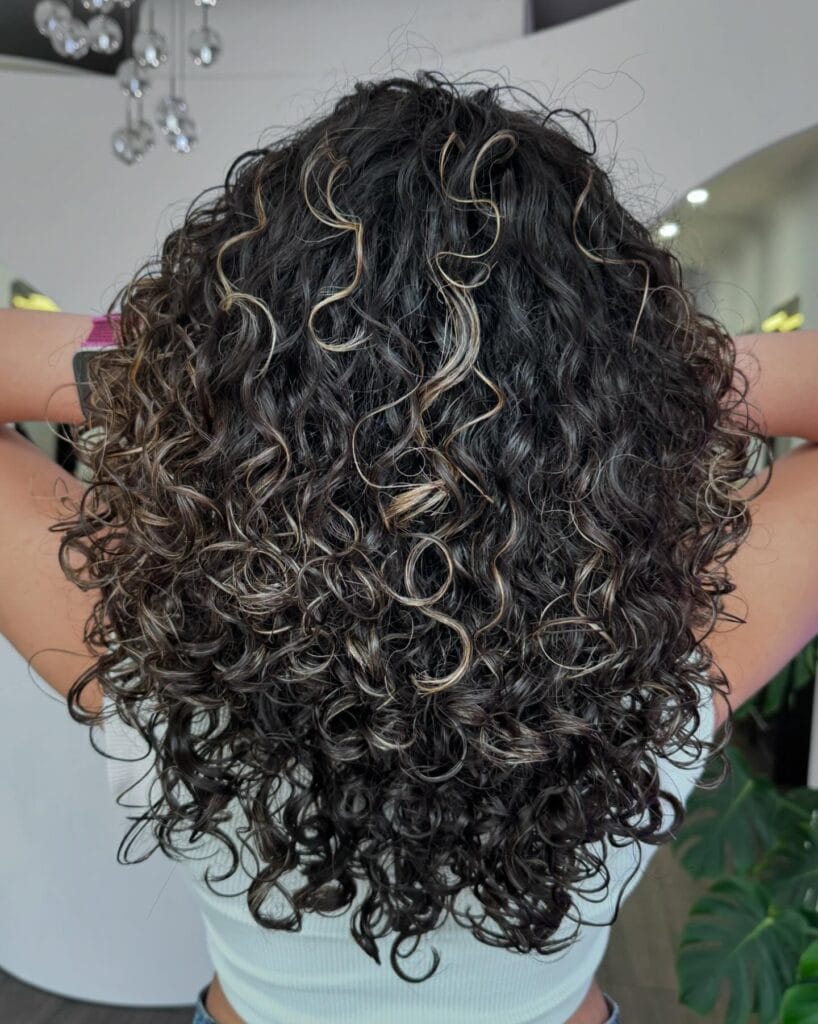 Mid-length curly haircut with voluminous layered shaping and defined ringlets, accented with subtle blonde highlights for added dimension.