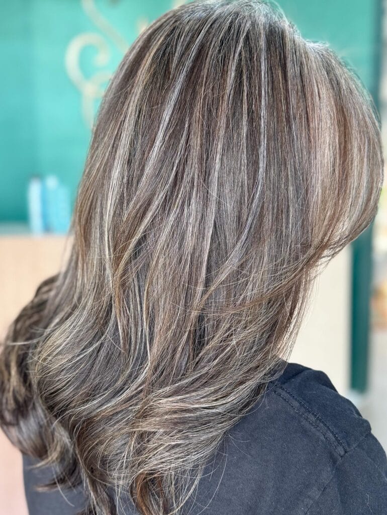 Back view of mid-length straight hair with soft layers and a natural brown-to-gray transition blending into cool silver tones.