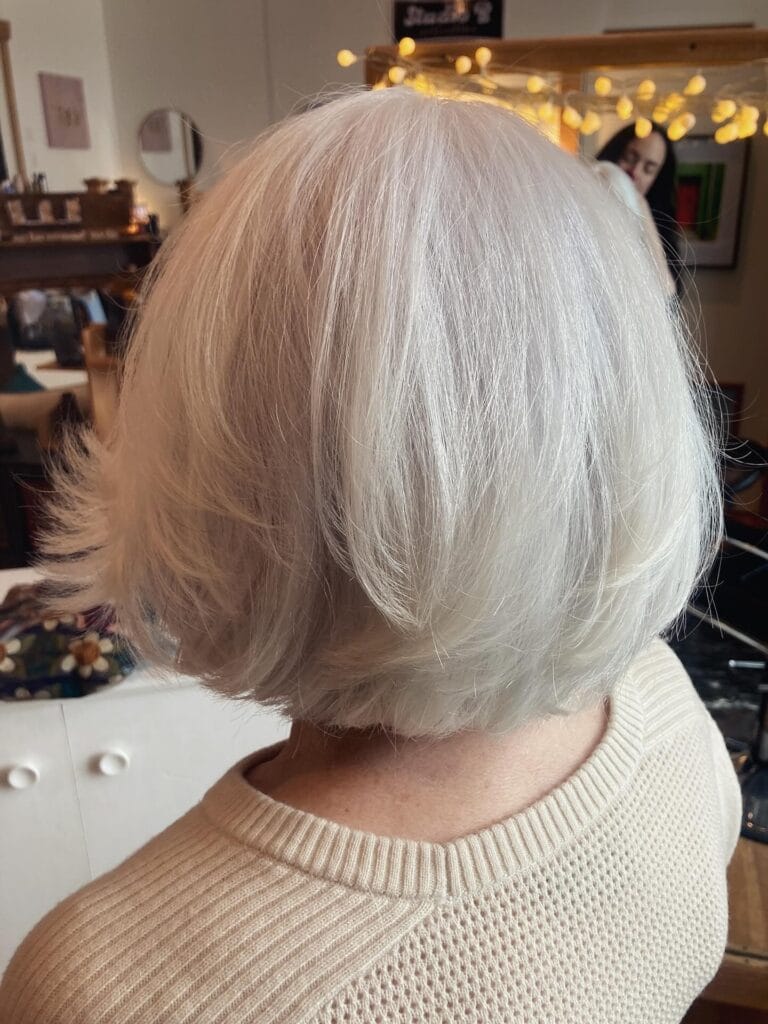 Neck-length silver bob with soft layers and rounded volume, styled smooth with lightly feathered ends for a polished, full look.