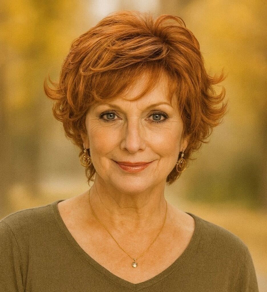 Short layered crop with soft feathered curls, light volume around the crown, and gently tapered sides and nape.