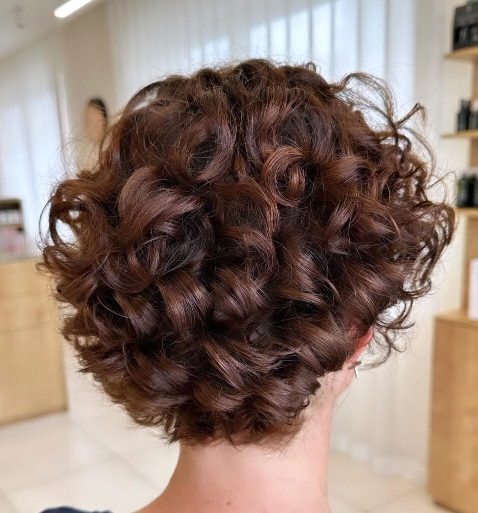 Back view of a short layered curly crop with rich auburn tones, featuring soft, defined ringlets that create natural volume and texture around the head.
