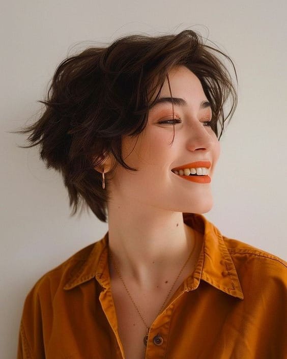 A short, tousled pixie cut with soft textured layers and a slightly longer side-swept fringe that frames the face.
