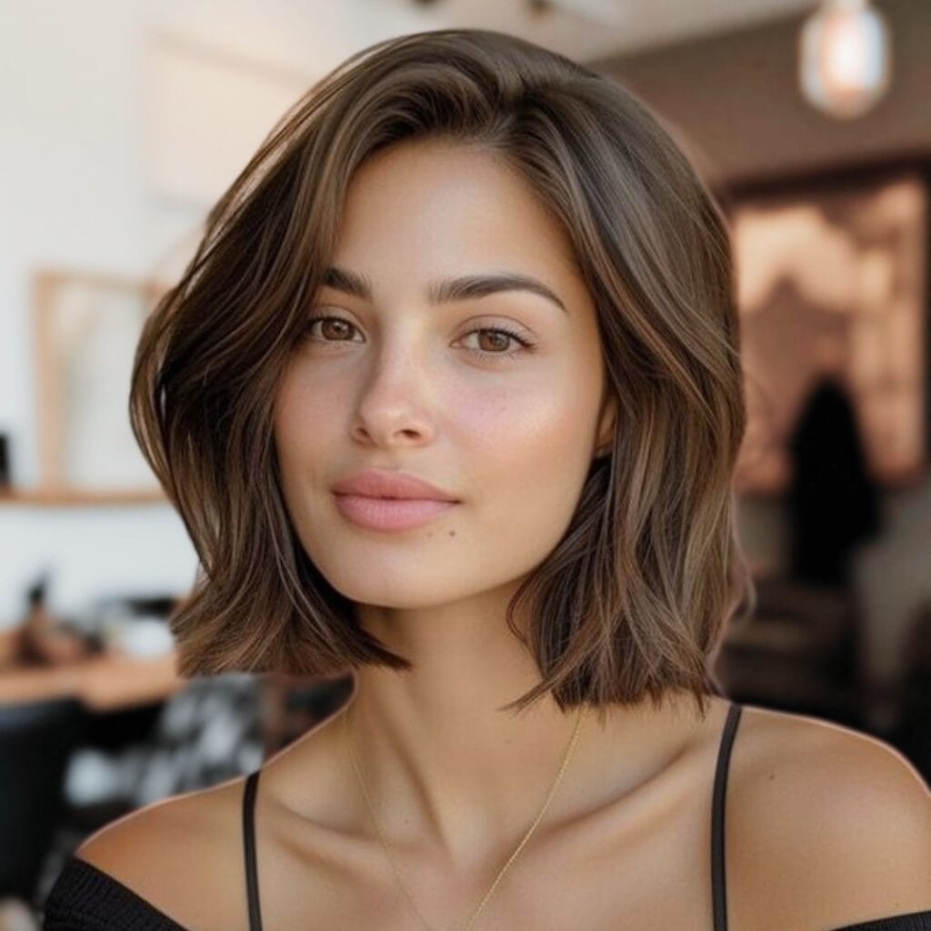Soft short wavy bob with natural texture and a slightly off-center part, gently framing the face and grazing the jawline.