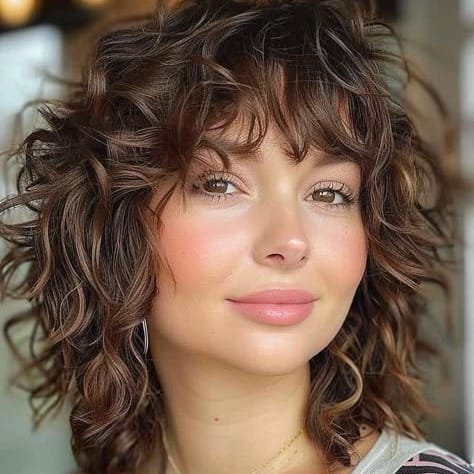 Medium-length layered shag with tousled wavy curls, soft wispy bangs, and natural-looking volume throughout.