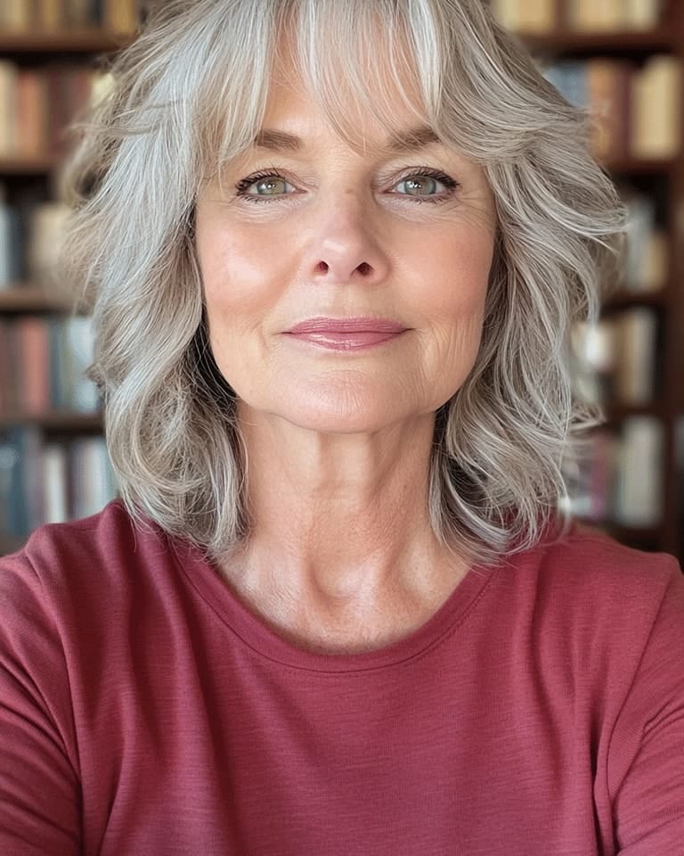 Shoulder-length silver-gray shag haircut with soft layered waves and wispy curtain bangs framing the face.