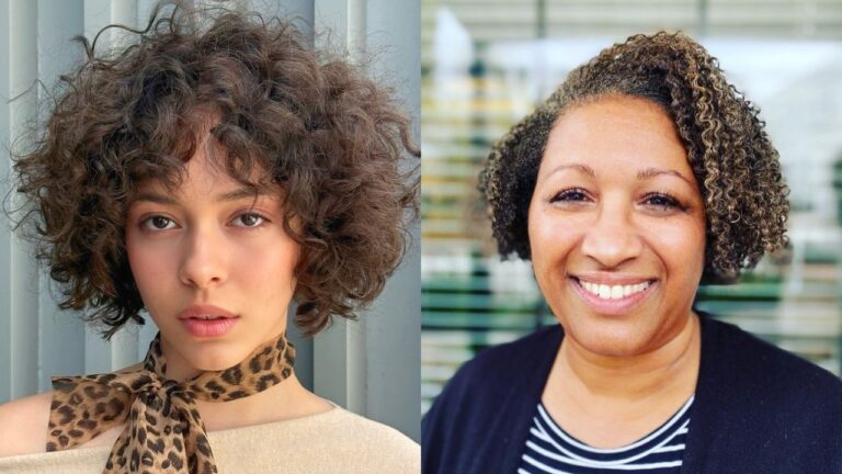 Two women display beautiful short curly bob hairstyles, featuring a dark brunette chin-length cut with tight, defined curls on the left and a soft honey-blonde layered bob with relaxed, voluminous ringlets on the right.