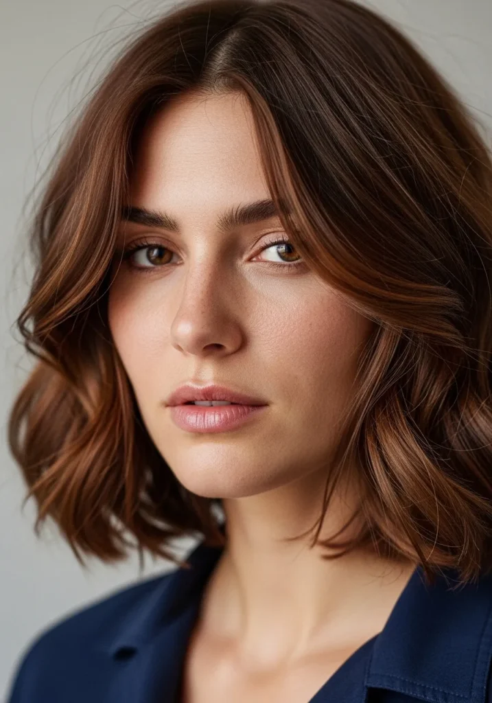 Short thick chestnut brown wavy bob with soft volume and rounded shape.