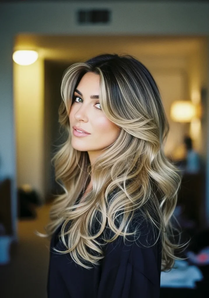 Long thick blonde wavy hair with layered volume and soft bouncy waves.